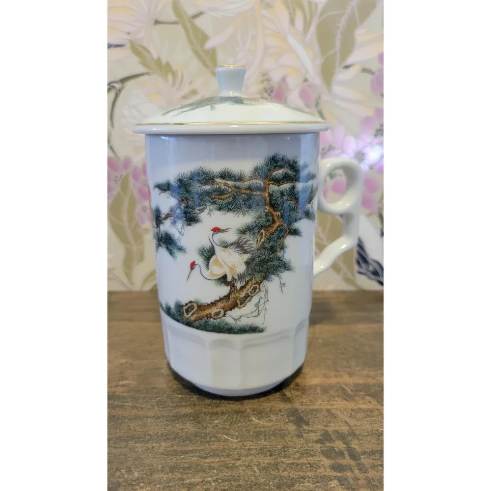 Vintage Tatung Porcelain Lidded Tea Mug, Red Crowned Cranes Pine Tree Design (Or